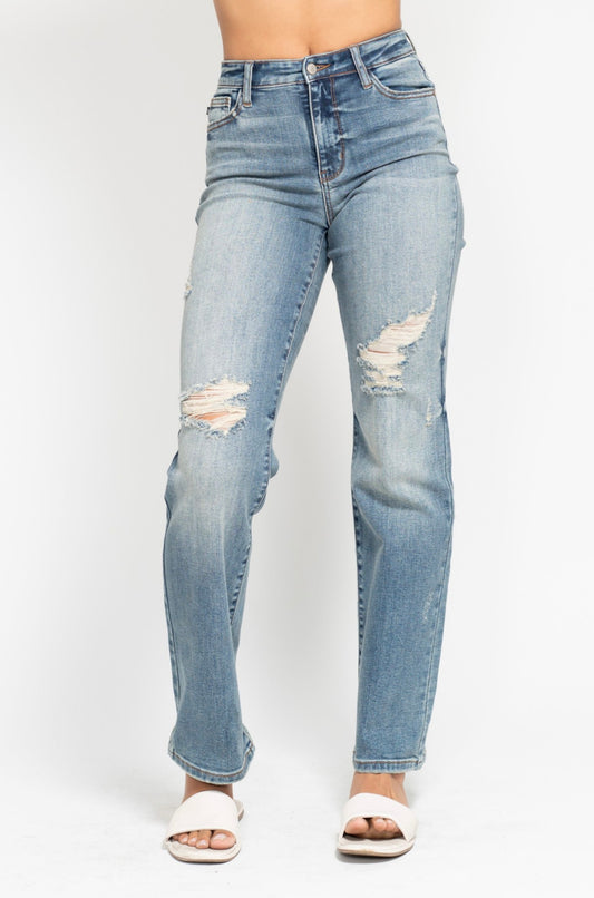 High Waisted Straight Harsh Tint Destroy Jeans