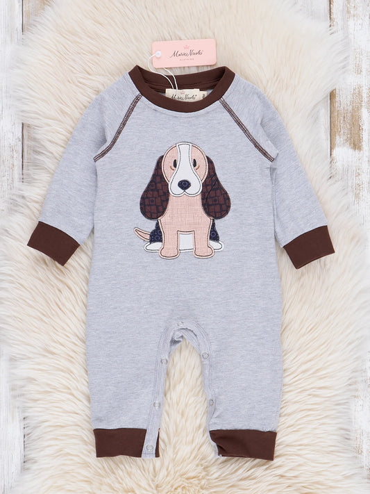 Grey & Brown Embroidered Puppy Romper