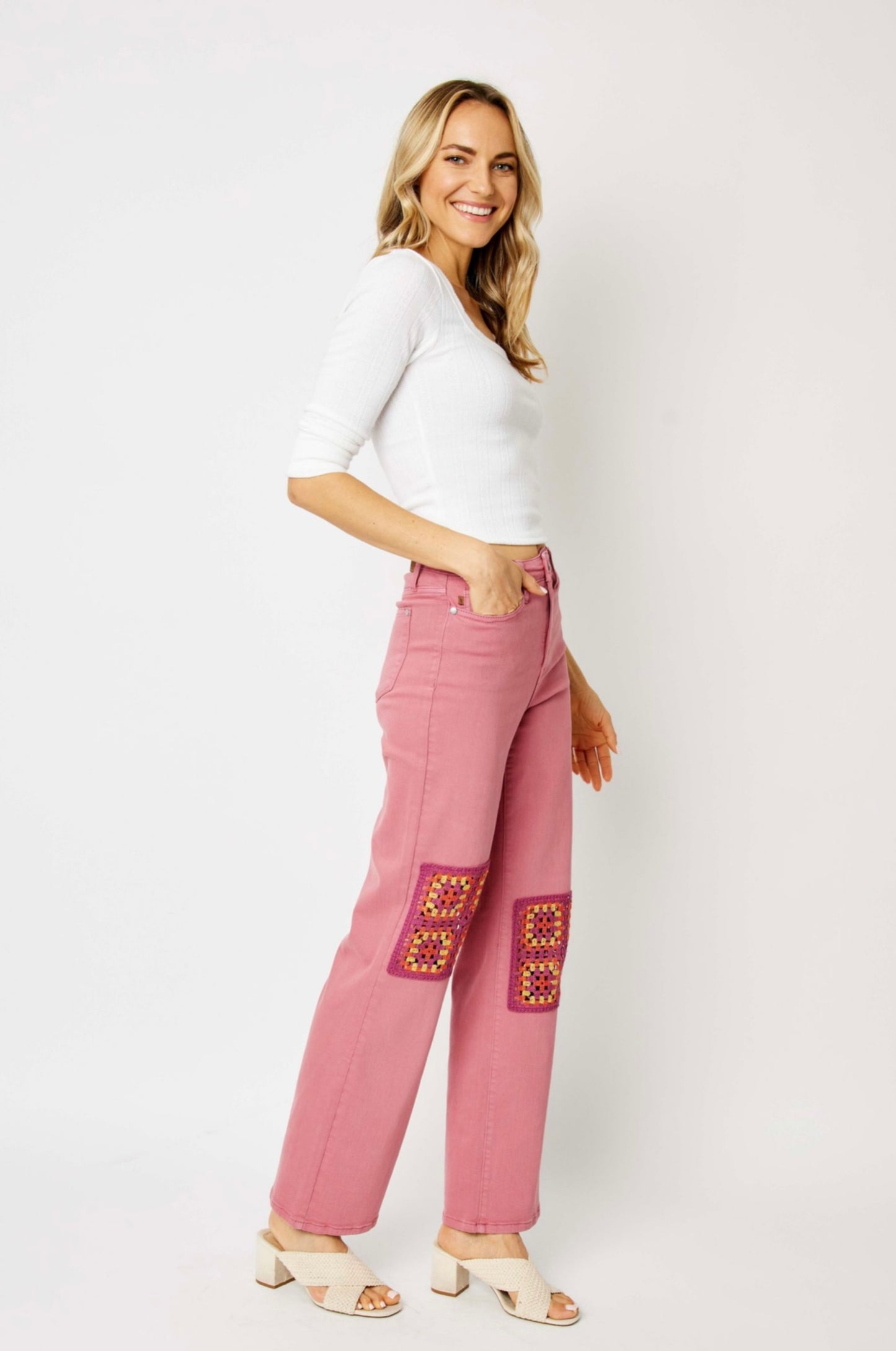 High Waist Crochet Patch Wide Leg Jeans