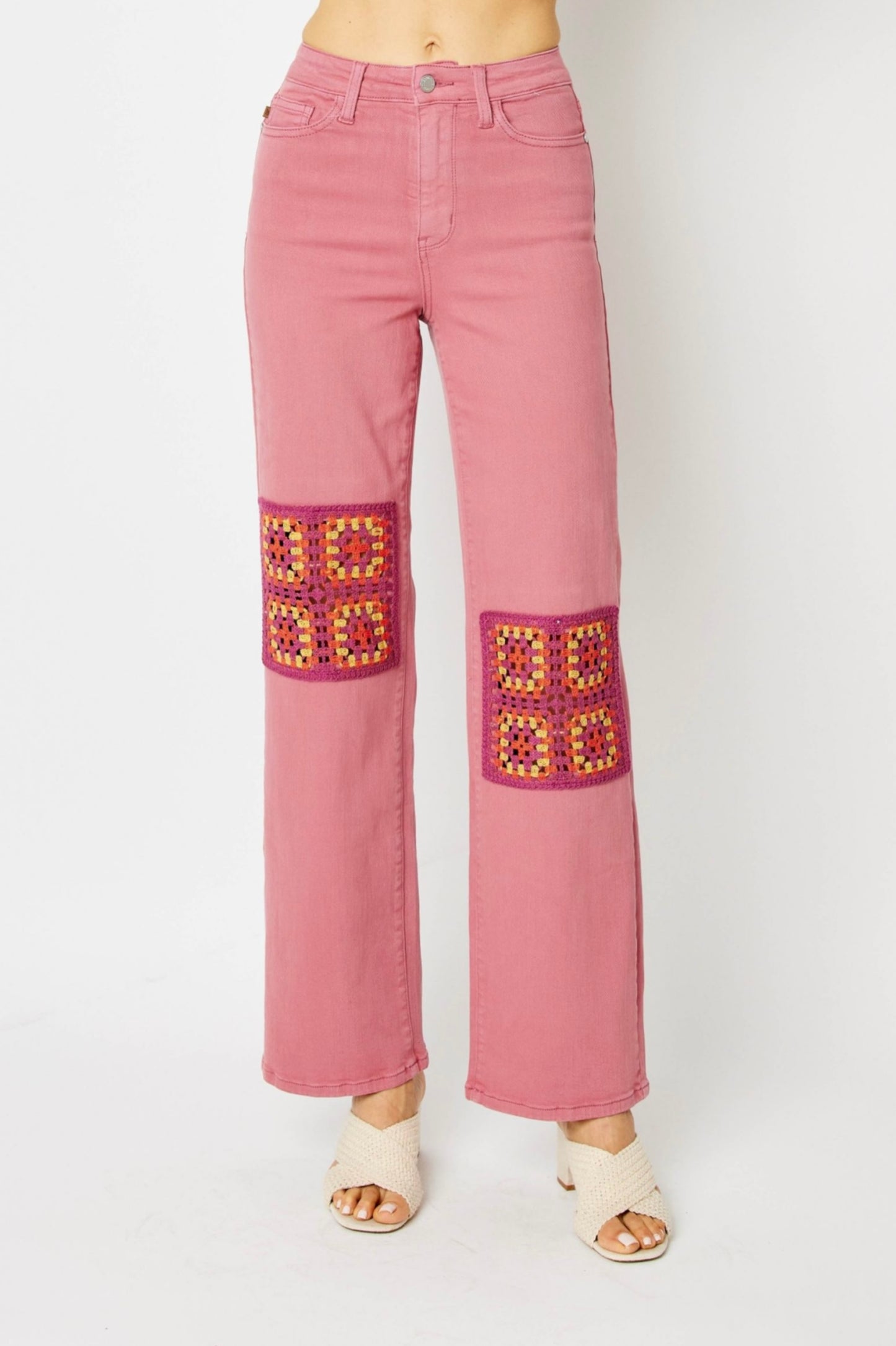 High Waist Crochet Patch Wide Leg Jeans