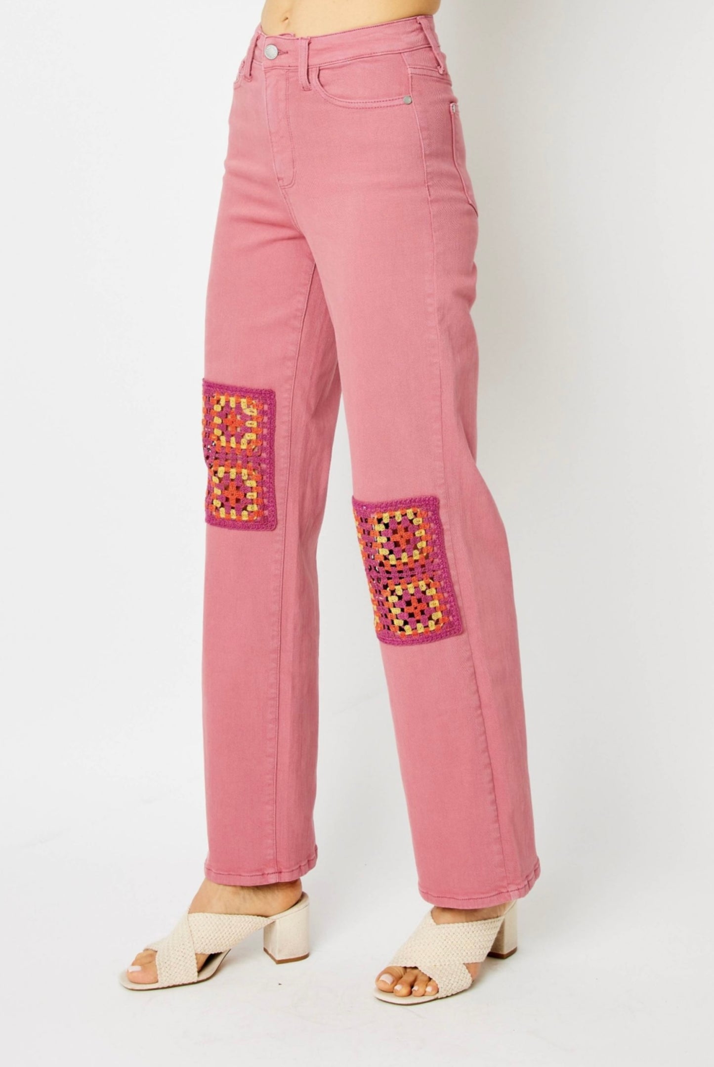 High Waist Crochet Patch Wide Leg Jeans