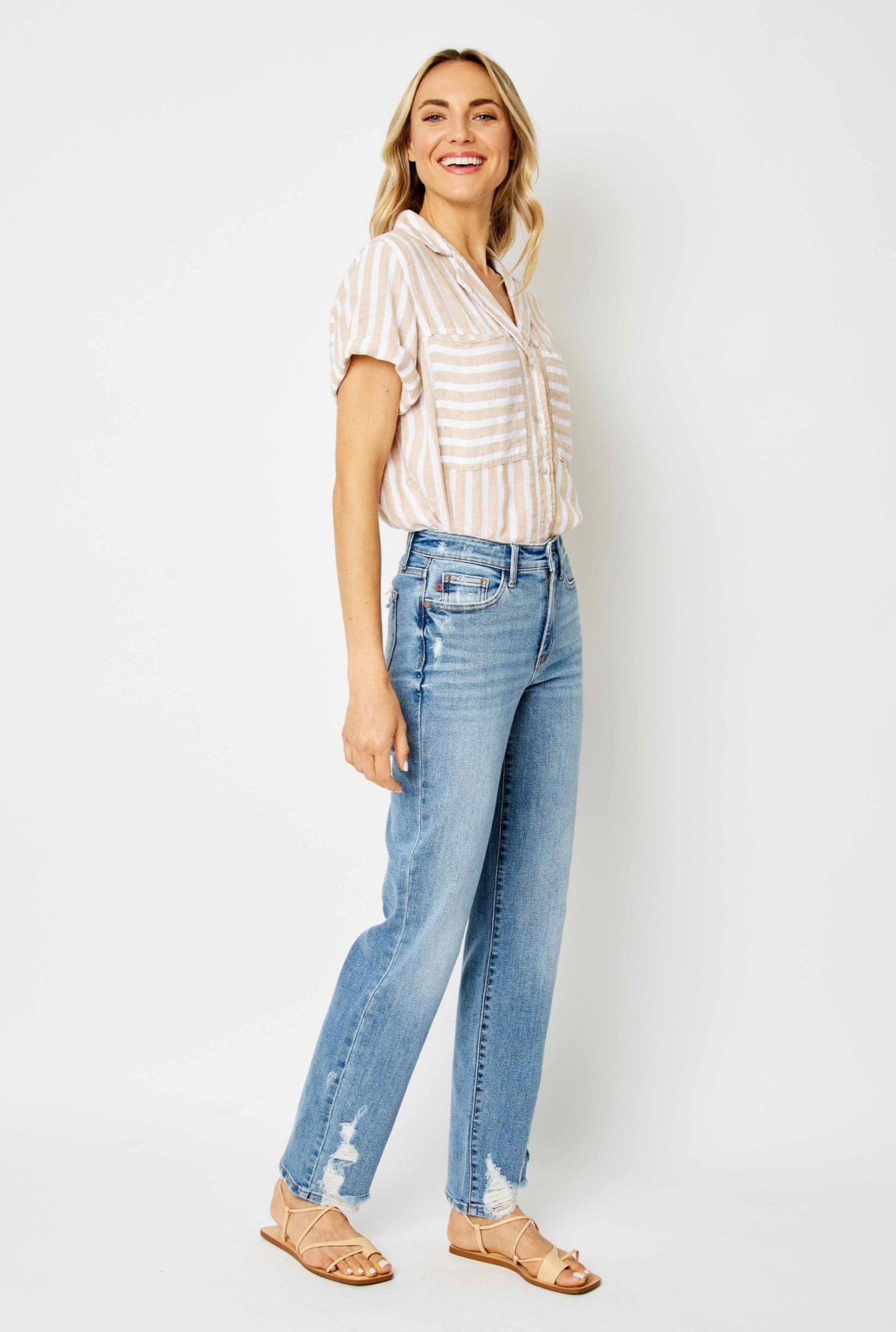 High Waisted Straight Destroy Jeans