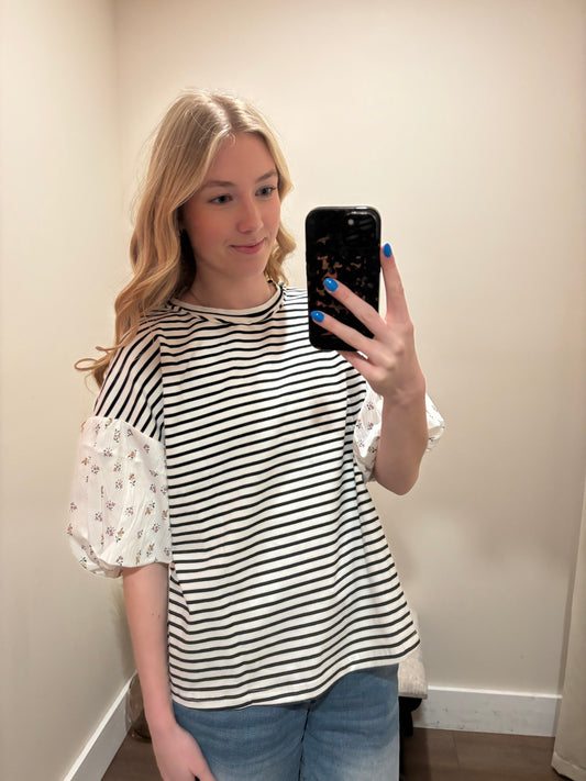 Bloom & Stripe Mixed Media Top