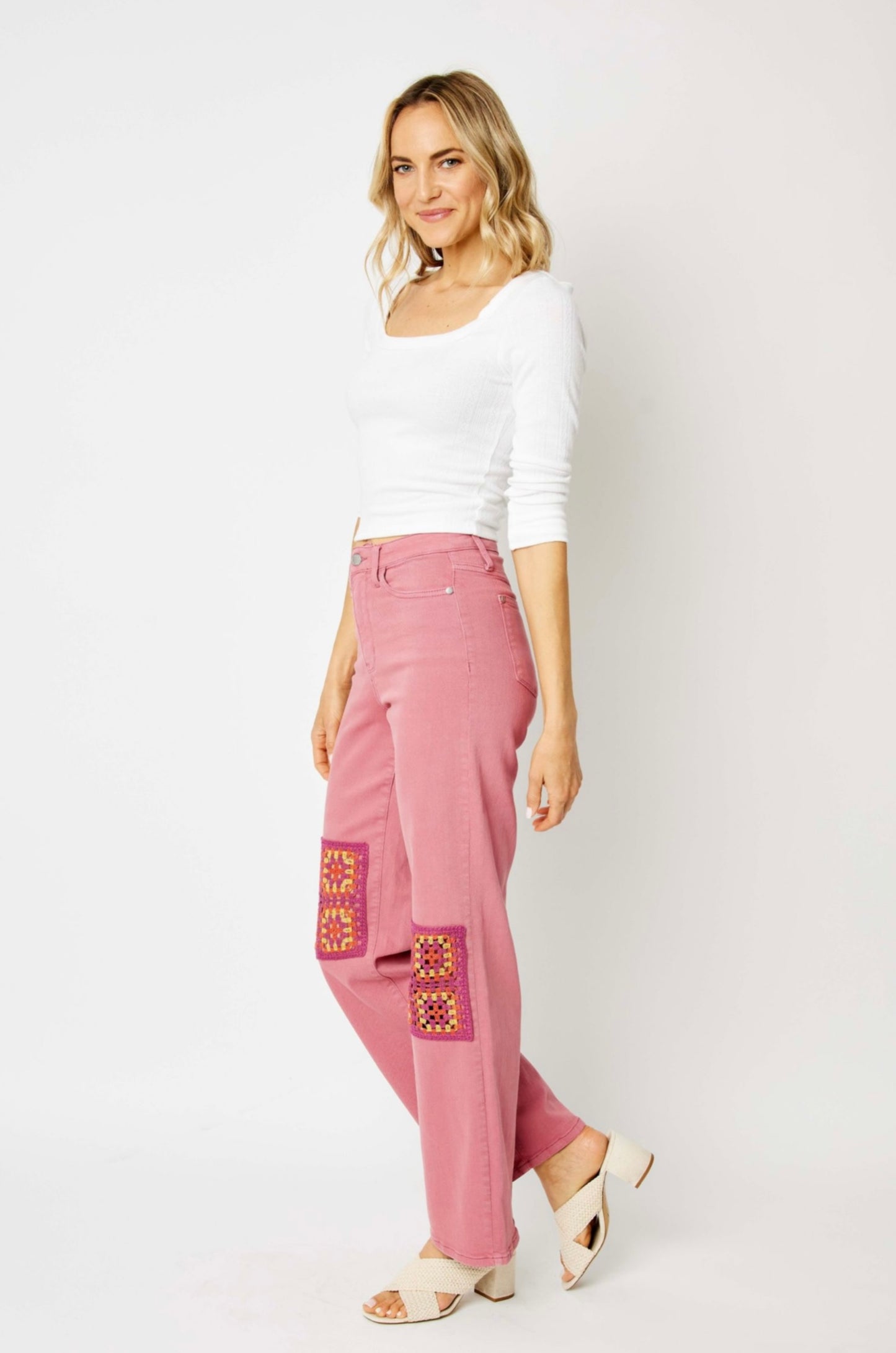 High Waist Crochet Patch Wide Leg Jeans