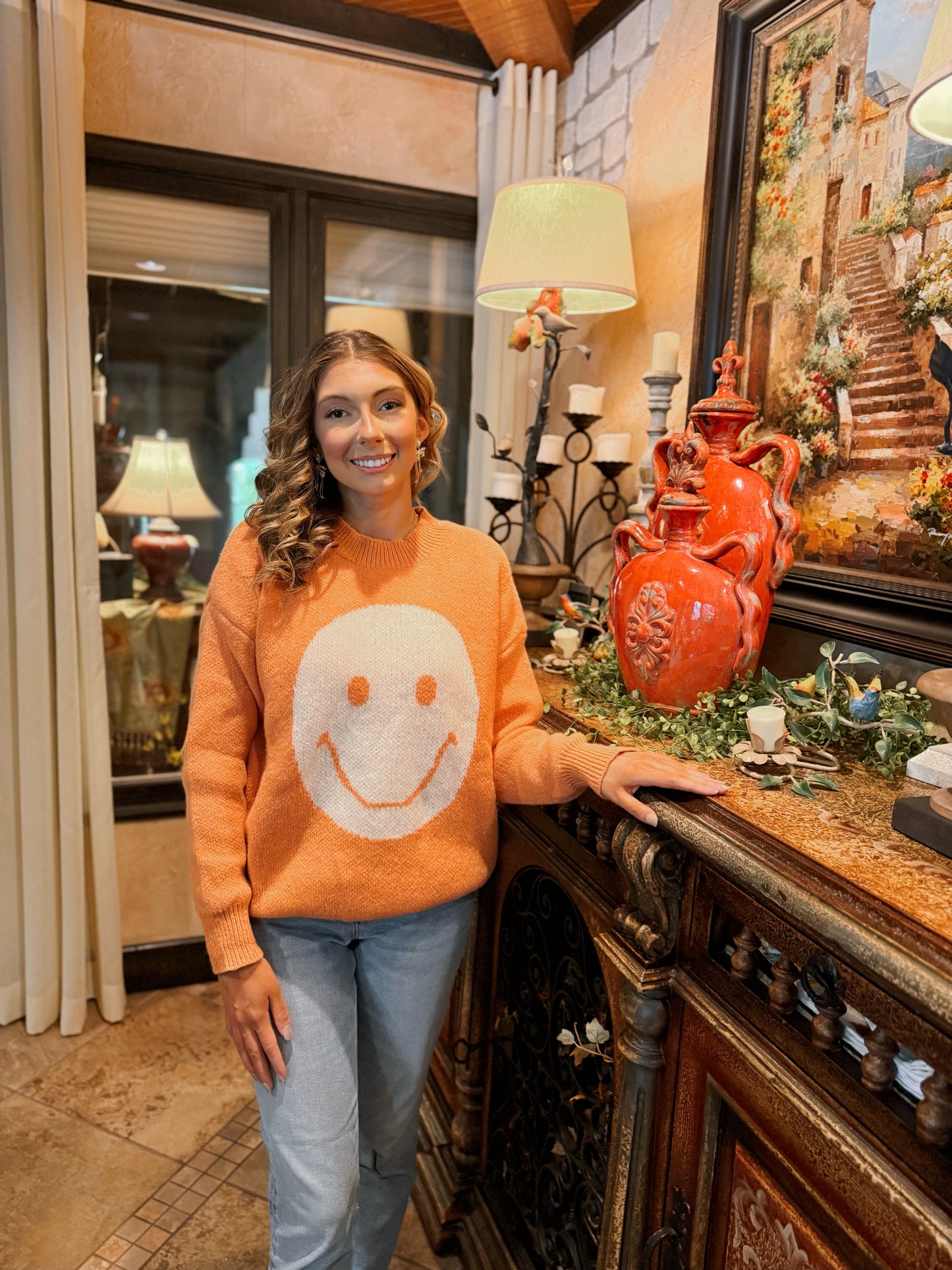 Orange Smiley Face Sweater