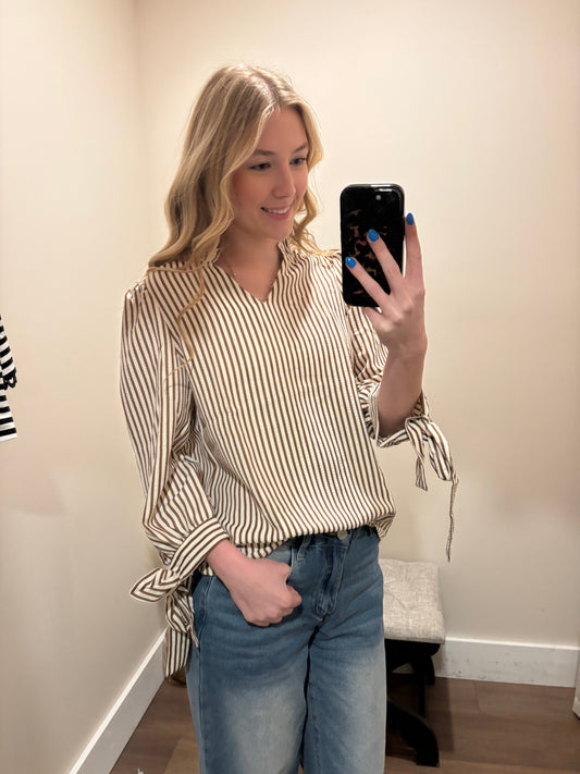 Classic Pinstripe Tie-Sleeve Blouse