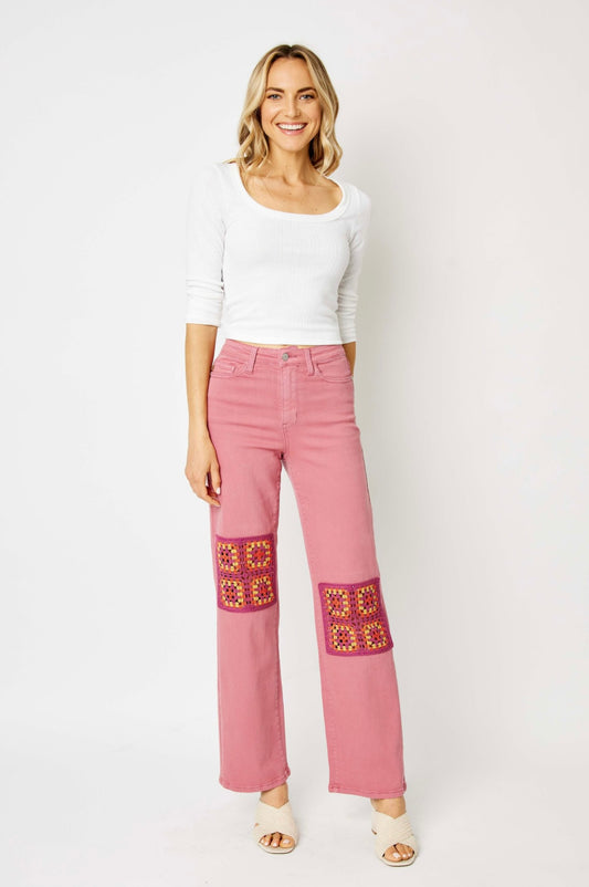 High Waist Crochet Patch Wide Leg Jeans