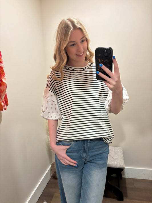 Bloom & Stripe Mixed Media Top