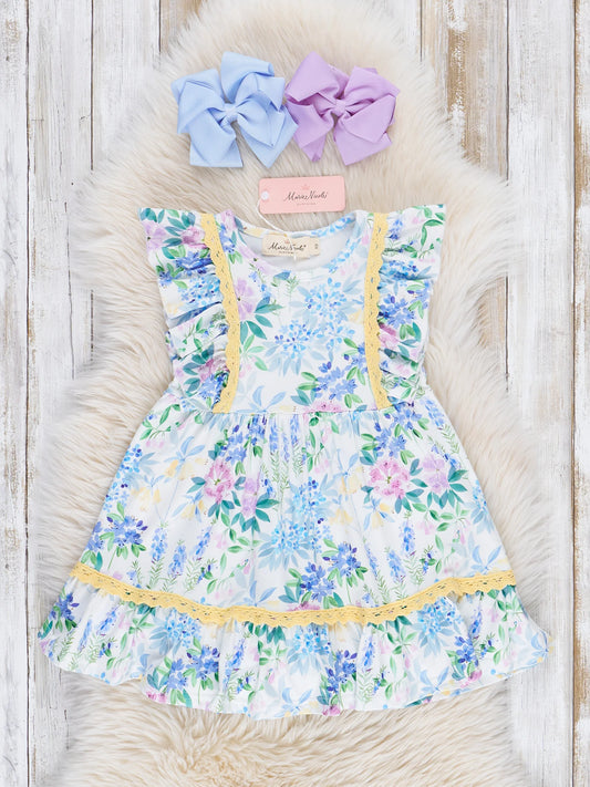 Periwinkle & Yellow Painted Blooms Ruffle Dress