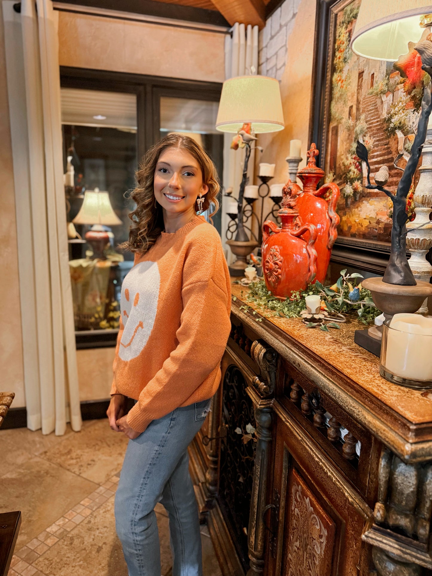 Orange Smiley Face Sweater
