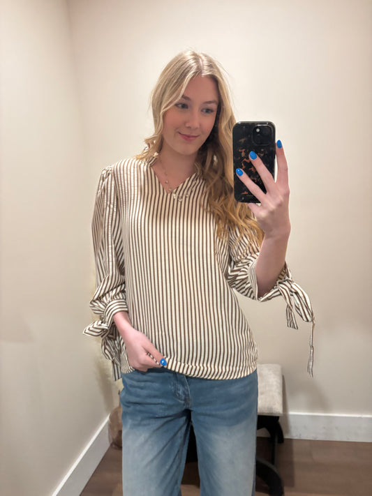 Classic Pinstripe Tie-Sleeve Blouse