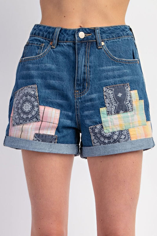 Dark Wash Patch Work Shorts
