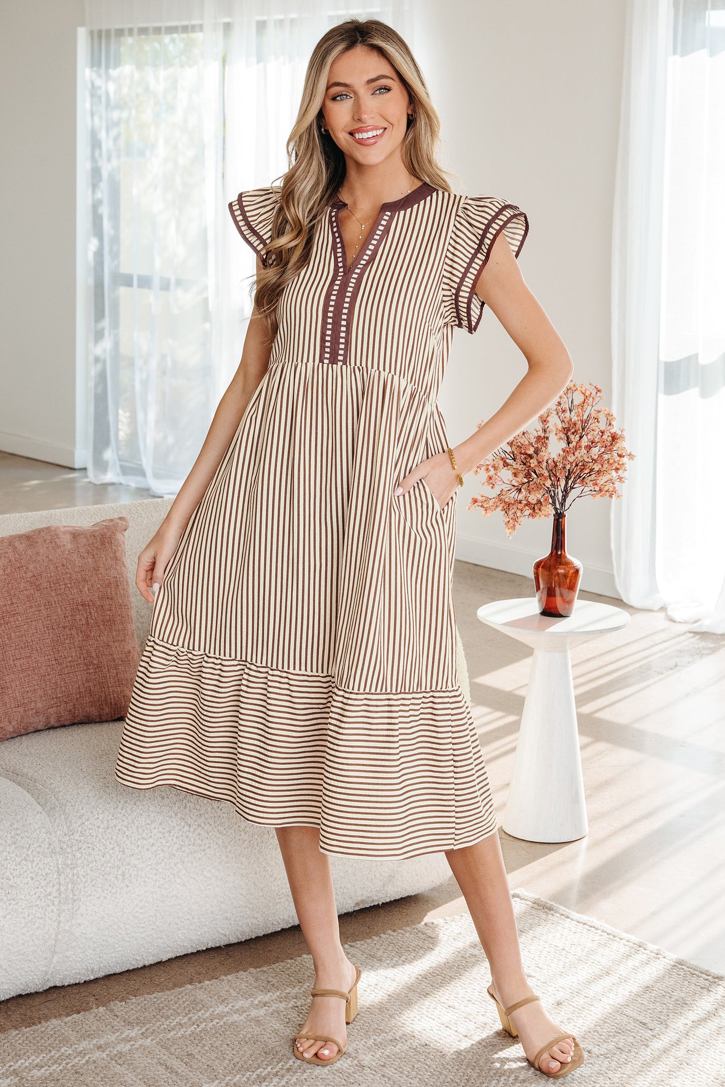 Soft Sand Ruffle Midi Dress